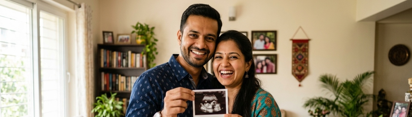 Indian couple celebrating pregnancy journey with ultrasound photo